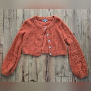 Fuzzy Cropped Orange Cardigan With Heart Butttons